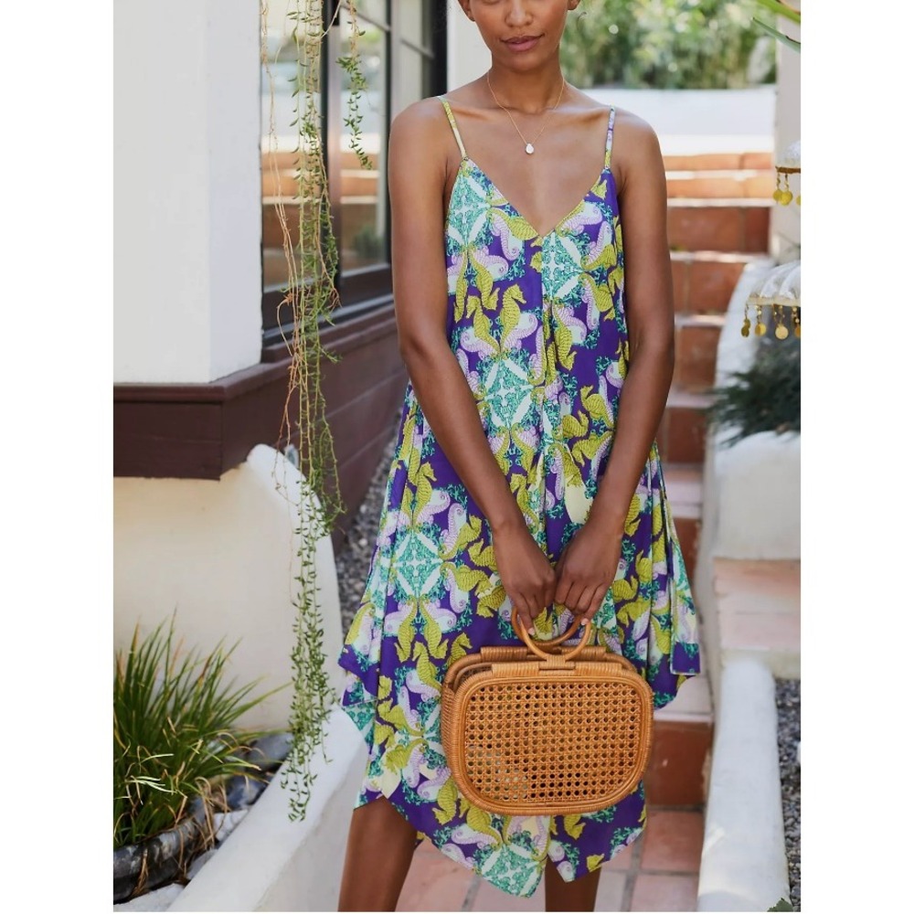 Anthropologie Womens‎ Seaside Seahorse Handkerchief Hem Dress,Purple Yellow,XS/S